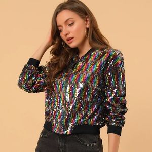 NWT, Medium Sequin Sparkle Party Long Sleeve Zipper Bomber Jacket.